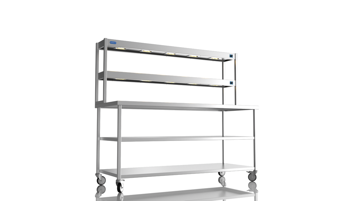 Nordstar Mobile Centre Table Bench With 2 Tier Heated Gantry Chefs Pass 1800mm | DTCMCB1800MS Stainless Steel Tables with Overshelf Nordstar