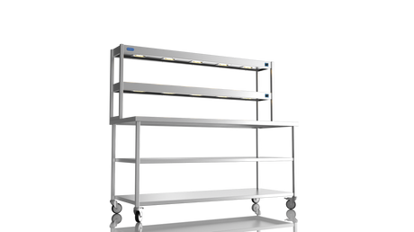 Nordstar Mobile Centre Table Bench With 2 Tier Heated Gantry Chefs Pass 1800mm | DTCMCB1800MS Stainless Steel Tables with Overshelf Nordstar