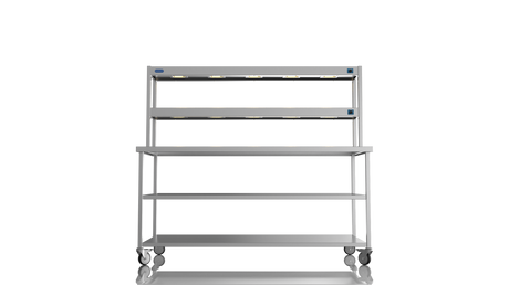 Nordstar Mobile Centre Table Bench With 2 Tier Heated Gantry Chefs Pass 1800mm | DTCMCB1800MS Stainless Steel Tables with Overshelf Nordstar