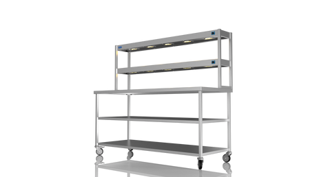 Nordstar Mobile Centre Table Bench With 2 Tier Heated Gantry Chefs Pass 1800mm | DTCMCB1800MS Stainless Steel Tables with Overshelf Nordstar