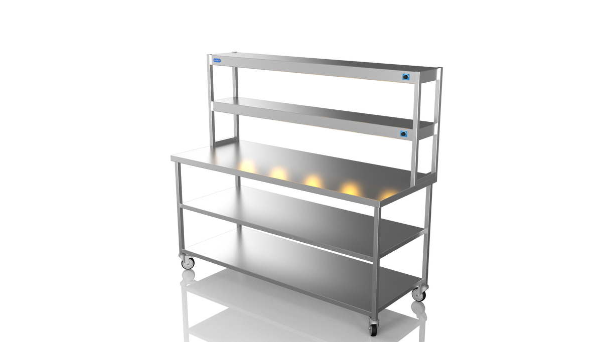 Nordstar Mobile Centre Table Bench With 2 Tier Heated Gantry Chefs Pass 1800mm | DTCMCB1800MS Stainless Steel Tables with Overshelf Nordstar