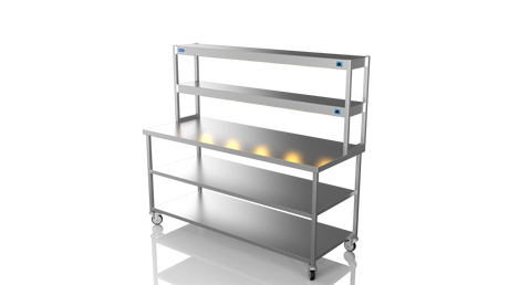 Nordstar Mobile Centre Table Bench With 2 Tier Heated Gantry Chefs Pass 1800mm | DTCMCB1800MS Stainless Steel Tables with Overshelf Nordstar
