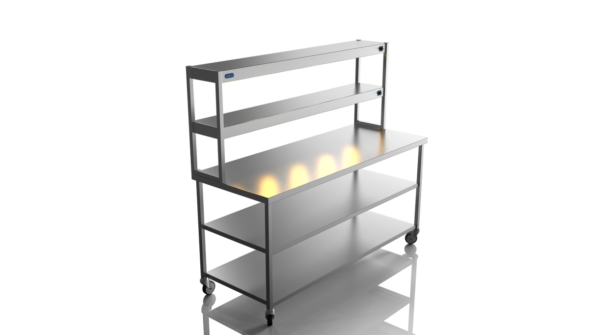 Nordstar Mobile Centre Table Bench With 2 Tier Heated Gantry Chefs Pass 1800mm | DTCMCB1800MS Stainless Steel Tables with Overshelf Nordstar