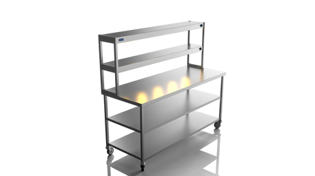 Nordstar Mobile Centre Table Bench With 2 Tier Heated Gantry Chefs Pass 1800mm | DTCMCB1800MS Stainless Steel Tables with Overshelf Nordstar