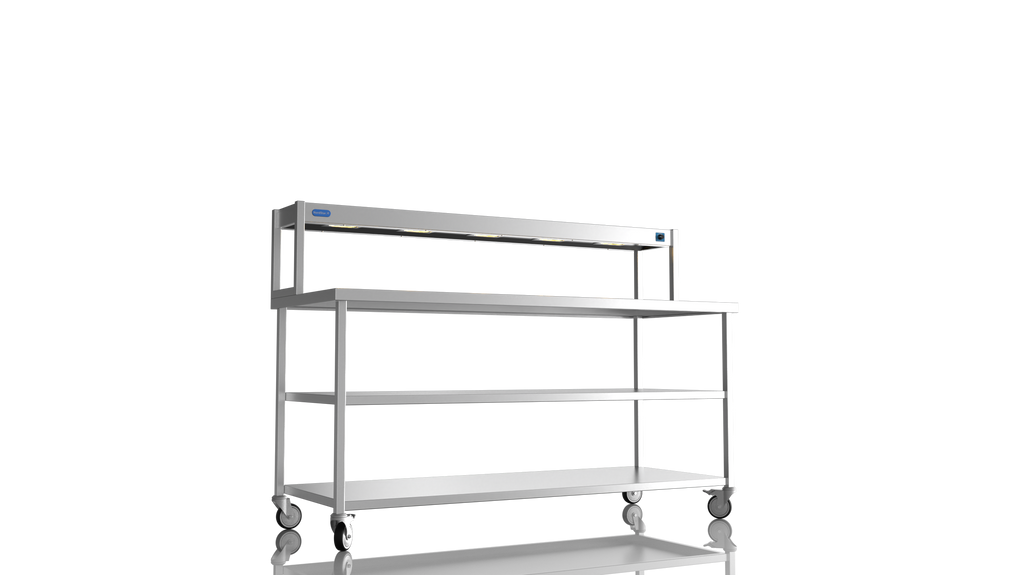 Nordstar Mobile Centre Table Bench With Heated Gantry Chefs Pass 1800mm | STCMCB1800MS Stainless Steel Tables with Overshelf Nordstar