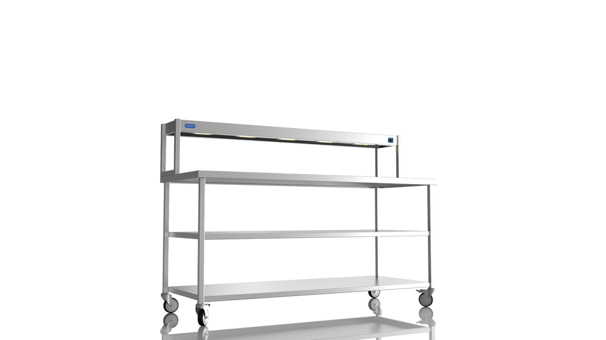 Nordstar Mobile Centre Table Bench With Heated Gantry Chefs Pass 1800mm | STCMCB1800MS Stainless Steel Tables with Overshelf Nordstar