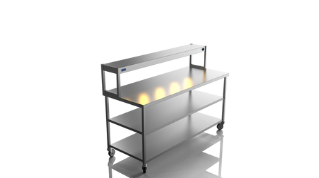 Nordstar Mobile Centre Table Bench With Heated Gantry Chefs Pass 1800mm | STCMCB1800MS Stainless Steel Tables with Overshelf Nordstar