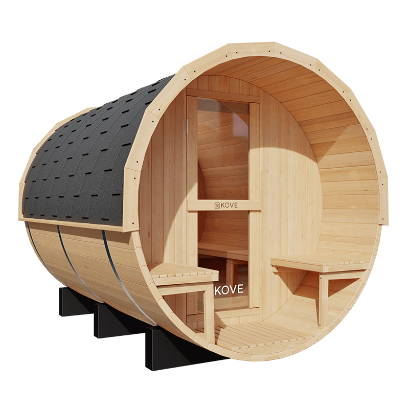 Kove 5-6 Person Spruce Barrel Sauna with Front Porch & 8kW Electric Heater | KOVE-BAR6 Outdoor Barrel Electric Heated Saunas Kove Designs