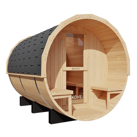 Kove 5-6 Person Spruce Barrel Sauna with Front Porch & 8kW Electric Heater | KOVE-BAR6 Outdoor Barrel Electric Heated Saunas Kove Designs