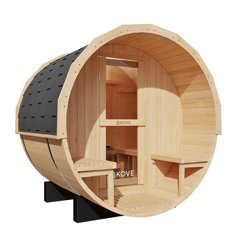 Kove 1-2 Person Spruce Barrel Sauna with Front Porch & 4.5kW Electric Heater | KOVE-BAR2 Outdoor Barrel Electric Heated Saunas Kove Designs