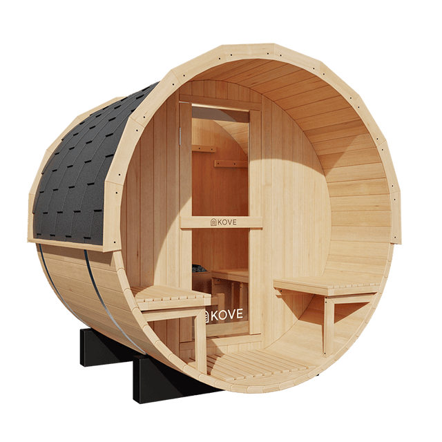 Kove 1-2 Person Spruce Barrel Sauna with Front Porch & 4.5kW Electric Heater | KOVE-BAR2 Outdoor Barrel Electric Heated Saunas Kove Designs