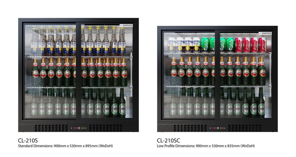 Empire Core Double Door 208L Bottle Cooler – Sliding Door Commercial Back Bar Fridge | CL-210S-P Double Door Bottle Coolers Empire
