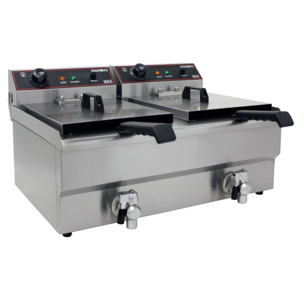 Hamoki Countertop Commercial Electric Fryer - 2 x 9.5 Litre Twin Tank with Drain Taps | 291019 Countertop Electric Fryers Hamoki