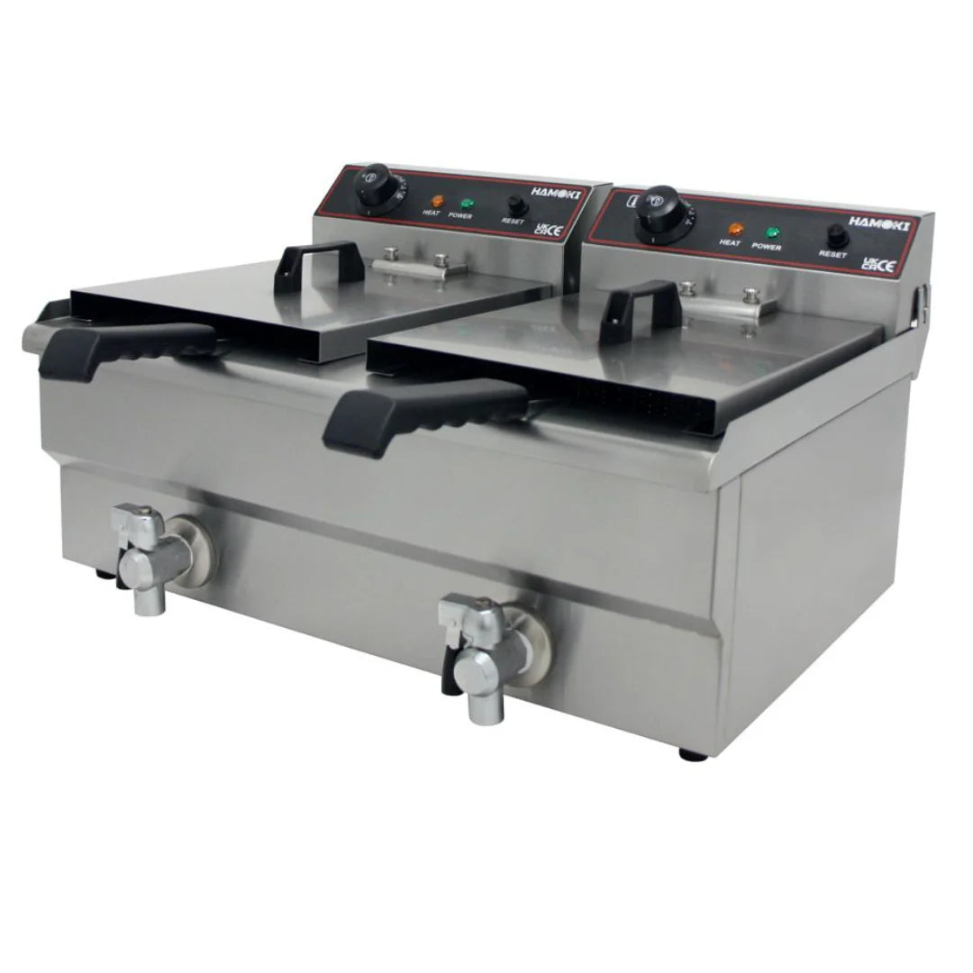 Hamoki Countertop Commercial Electric Fryer - 2 x 9.5 Litre Twin Tank with Drain Taps | 291019 Countertop Electric Fryers Hamoki