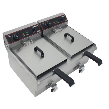 Hamoki Countertop Commercial Electric Fryer - 2 x 9.5 Litre Twin Tank with Drain Taps | 291019 Countertop Electric Fryers Hamoki