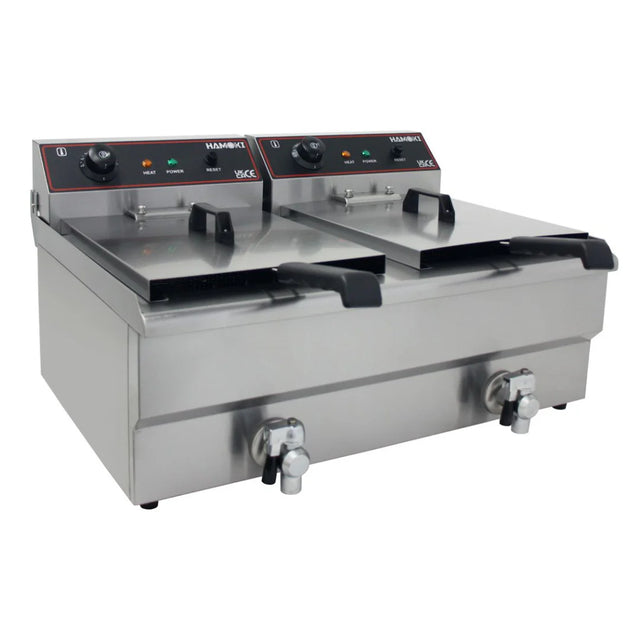 Hamoki Countertop Commercial Electric Fryer - 2 x 11.5 Litre Twin Tank with Drain Taps | 291021 Countertop Electric Fryers Hamoki