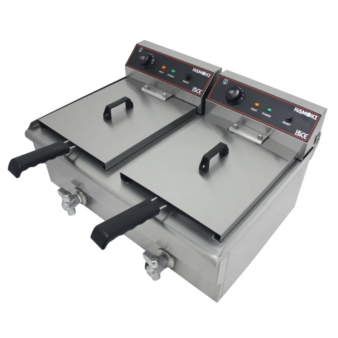 Hamoki Countertop Commercial Electric Fryer - 2 x 11.5 Litre Twin Tank with Drain Taps | 291021 Countertop Electric Fryers Hamoki