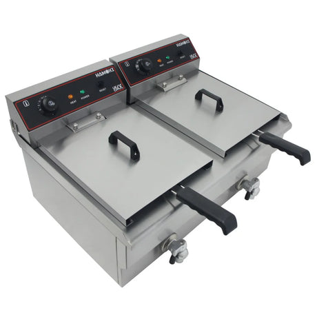 Hamoki Countertop Commercial Electric Fryer - 2 x 11.5 Litre Twin Tank with Drain Taps | 291021 Countertop Electric Fryers Hamoki