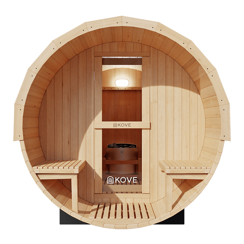 Kove 5-6 Person Spruce Barrel Sauna with Front Porch & 8kW Electric Heater | KOVE-BAR6 Outdoor Barrel Electric Heated Saunas Kove Designs