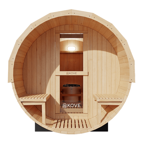 Kove 5-6 Person Spruce Barrel Sauna with Front Porch & 8kW Electric Heater | KOVE-BAR6 Outdoor Barrel Electric Heated Saunas Kove Designs