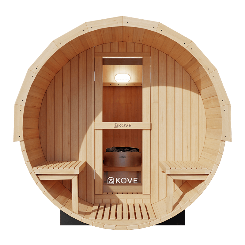 Empire Kove Spruce Barrel Sauna with Front Porch & 6kW Electric Heater | 3–4 Person Outdoor Cabin | KOVE-BAR4 Outdoor Barrel Electric Heated Saunas Kove Designs