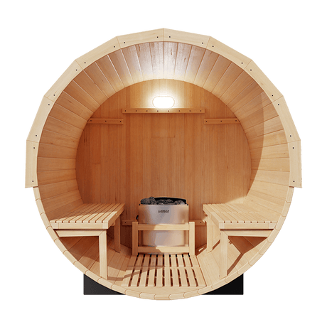 Kove 1-2 Person Spruce Barrel Sauna with Front Porch & 4.5kW Electric Heater | KOVE-BAR2 Outdoor Barrel Electric Heated Saunas Kove Designs