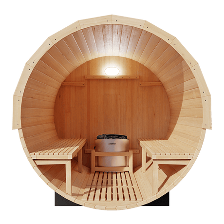 Empire Kove Spruce Barrel Sauna with Front Porch & 6kW Electric Heater | 3–4 Person Outdoor Cabin | KOVE-BAR4 Outdoor Barrel Electric Heated Saunas Kove Designs