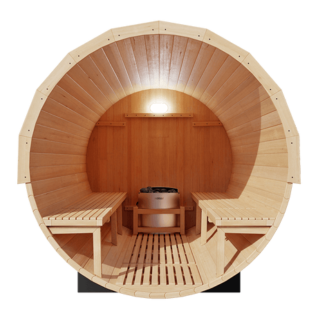 Kove 5-6 Person Spruce Barrel Sauna with Front Porch & 8kW Electric Heater | KOVE-BAR6 Outdoor Barrel Electric Heated Saunas Kove Designs