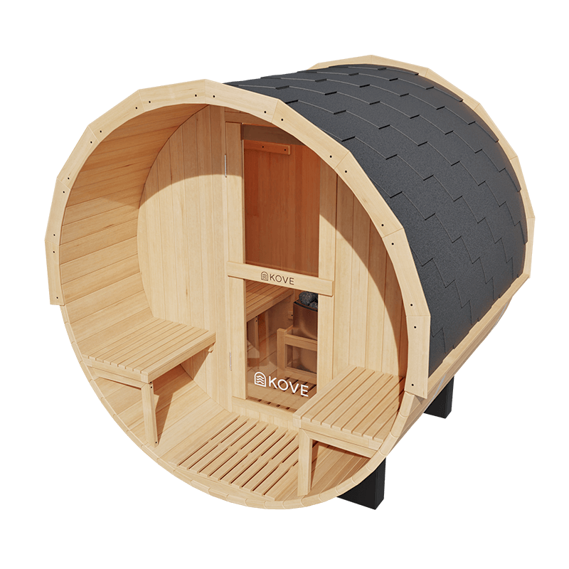 Kove 1-2 Person Spruce Barrel Sauna with Front Porch & 4.5kW Electric Heater | KOVE-BAR2 Outdoor Barrel Electric Heated Saunas Kove Designs