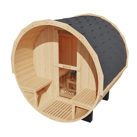 Kove 1-2 Person Spruce Barrel Sauna with Front Porch & 4.5kW Electric Heater | KOVE-BAR2 Outdoor Barrel Electric Heated Saunas Kove Designs