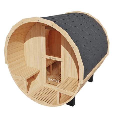 Empire Kove Spruce Barrel Sauna with Front Porch & 6kW Electric Heater | 3–4 Person Outdoor Cabin | KOVE-BAR4 Outdoor Barrel Electric Heated Saunas Kove Designs