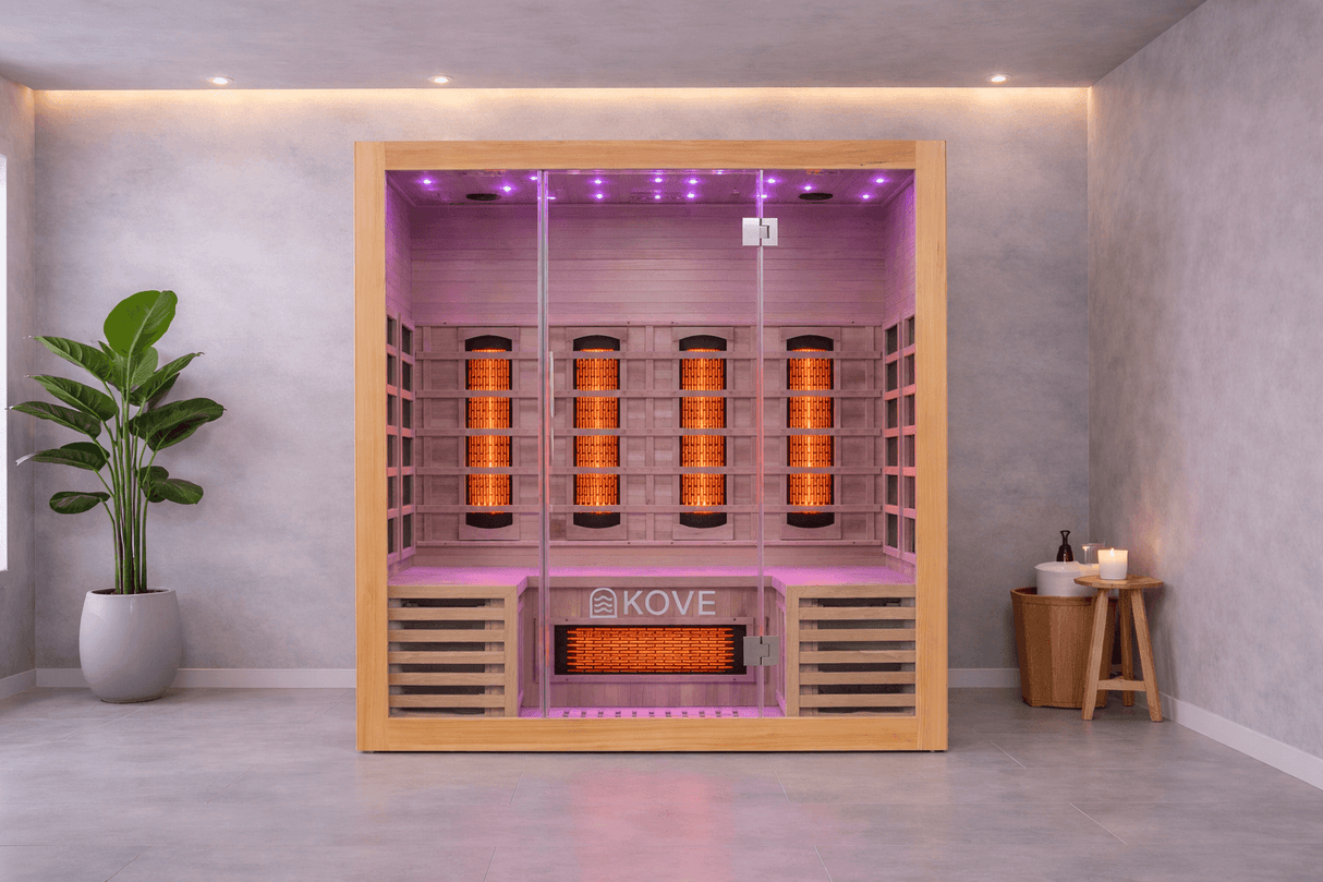 Kove 4 Person Infrared Sauna Cabin – Hemlock Wood, Glass Front, Bluetooth & Full Spectrum Heating | KOVE-INF4 Indoor Infrared Saunas Kove Designs