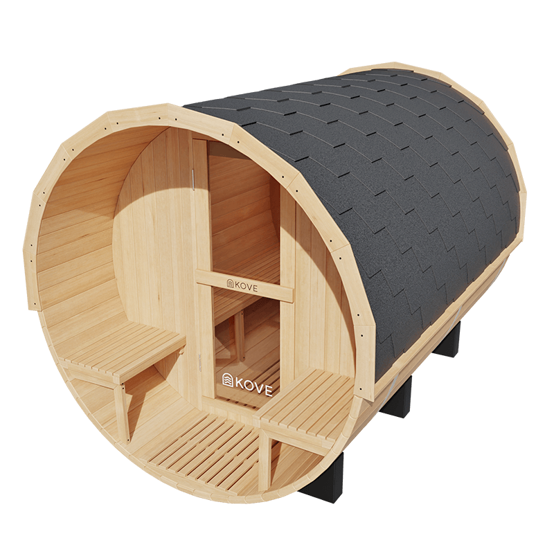 Kove 5-6 Person Spruce Barrel Sauna with Front Porch & 8kW Electric Heater | KOVE-BAR6 Outdoor Barrel Electric Heated Saunas Kove Designs