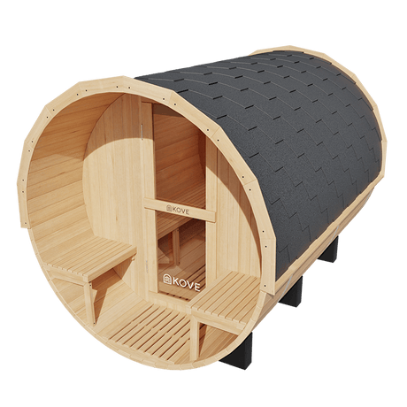 Kove 5-6 Person Spruce Barrel Sauna with Front Porch & 8kW Electric Heater | KOVE-BAR6 Outdoor Barrel Electric Heated Saunas Kove Designs