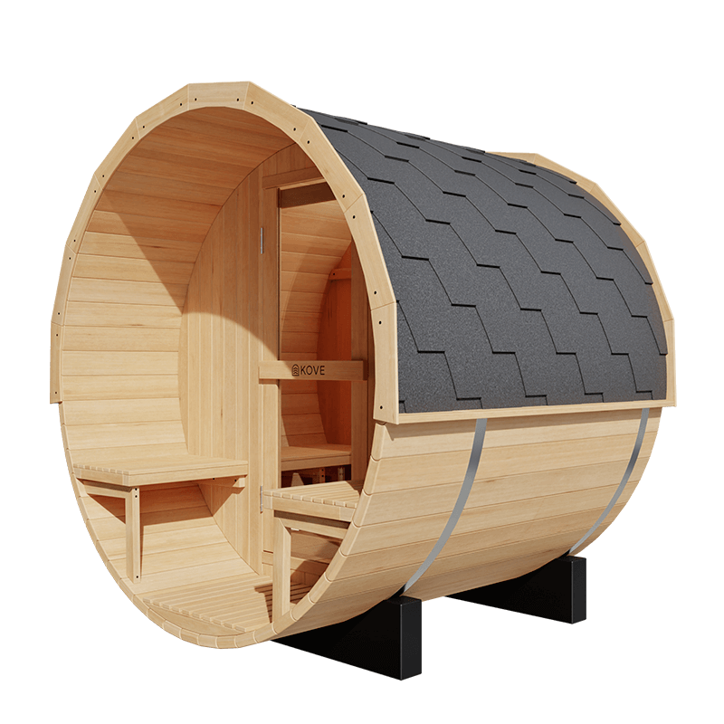 Kove 1-2 Person Spruce Barrel Sauna with Front Porch & 4.5kW Electric Heater | KOVE-BAR2 Outdoor Barrel Electric Heated Saunas Kove Designs