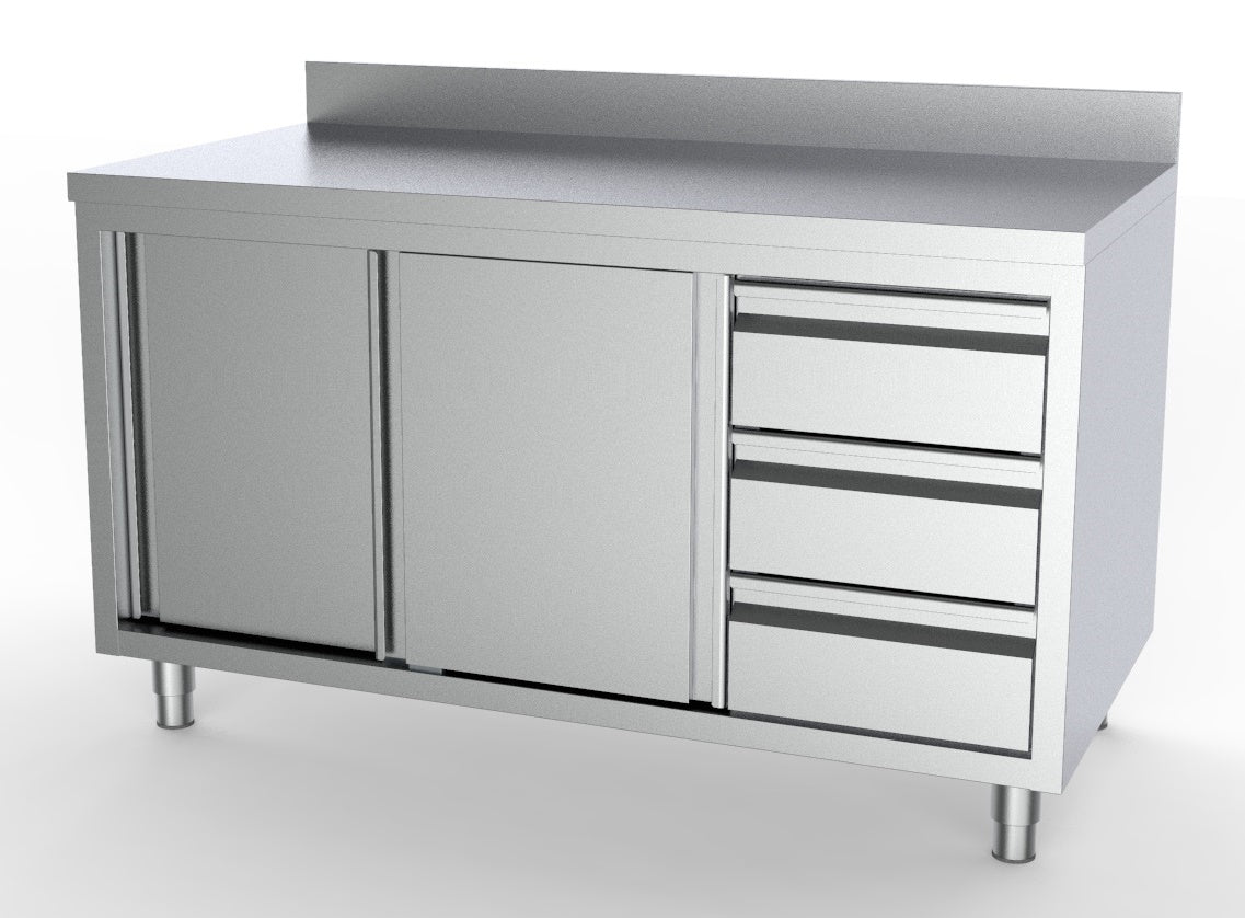Combisteel 700 Worktable Sliding Doors Drawers Right With Upstand 1800 - 7333.0276 Stainless Steel Worktops With Cupboards Combisteel   