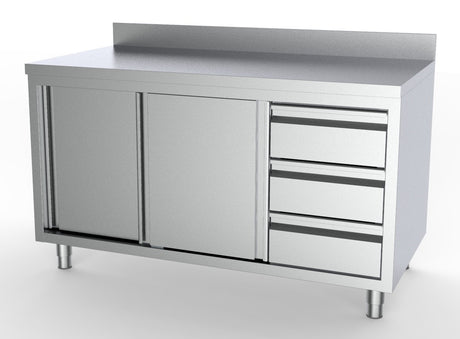 Combisteel 700 Worktable Sliding Doors Drawers Right With Upstand 1800 - 7333.0276 Stainless Steel Worktops With Cupboards Combisteel   