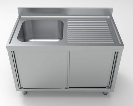 Combisteel 700 Stainless Steel Single Left Bowl Sink With Sliding Doors 1200mm Wide - 7333.0900 Sink Units with Drawers & Cupboards Combisteel   