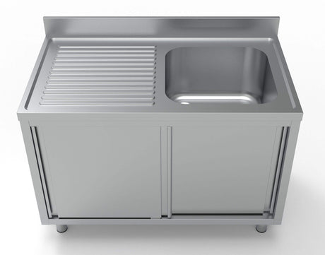 Combisteel 700 Stainless Steel Single Right Bowl Sink With Sliding Doors 1200mm Wide - 7333.0905 Sink Units with Drawers & Cupboards Combisteel   