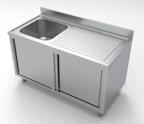 Combisteel 700 Stainless Steel Single Right Bowl Sink With Sliding Doors 1400mm Wide - 7333.0915 Sink Units with Drawers & Cupboards Combisteel   