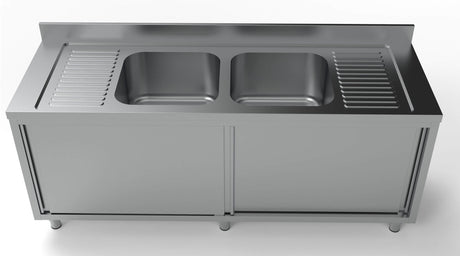 Combisteel 700 Stainless Steel Double Bowl Sink With Sliding Doors 2000mm Wide - 7333.0920 Sink Units with Drawers & Cupboards Combisteel   