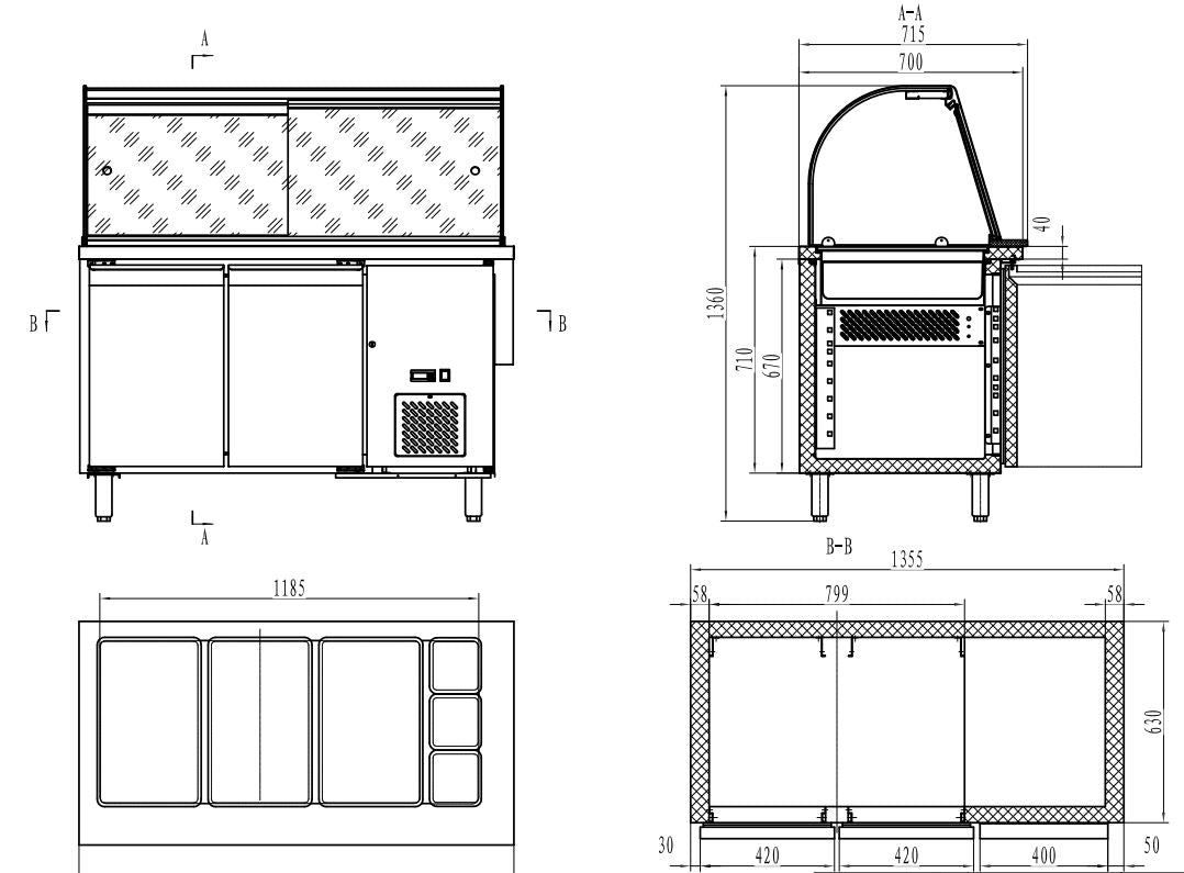 Combisteel 700 Refrigerated Counter With Glass Cover 2 Doors  3X 1/1 + 3X 1/6GN Container - 7950.0422 Refrigerated Counters - Double Door Combisteel   