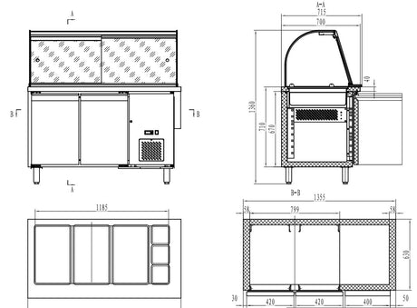 Combisteel 700 Refrigerated Counter With Glass Cover 2 Doors  3X 1/1 + 3X 1/6GN Container - 7950.0422 Refrigerated Counters - Double Door Combisteel   