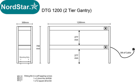 Nordstar Heated Gantry Double Tier Chefs Rack Overshelf 1200mm 6 Quartz Lamp | DTG1200 Heated Gantry Chef's Rack Nordstar