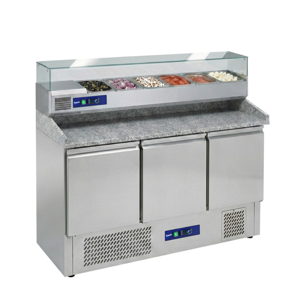 Prodis EC-3PIZZA-LE Low Energy Ventilated 3 Door Granite Top Pizza Prep Table With 6 x 1/4GN Topping Unit | EC-3PIZZA-LE Pizza Prep Counters - 3 Door Prodis