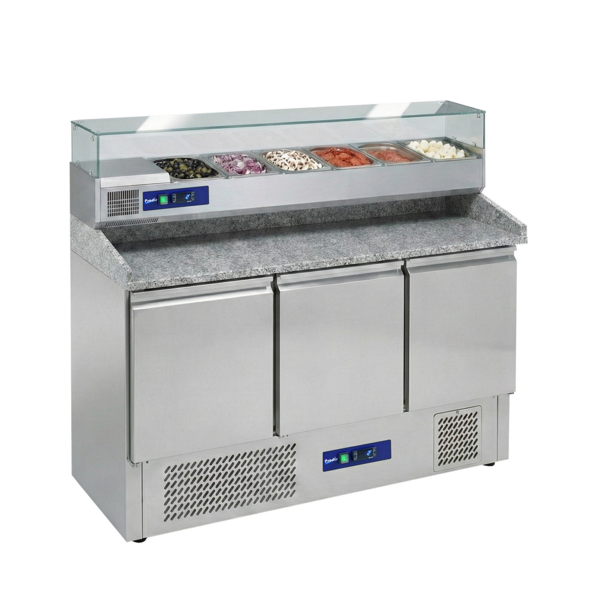 Prodis EC-3PIZZA-LE Low Energy Ventilated 3 Door Granite Top Pizza Prep Table With 6 x 1/4GN Topping Unit | EC-3PIZZA-LE Pizza Prep Counters - 3 Door Prodis