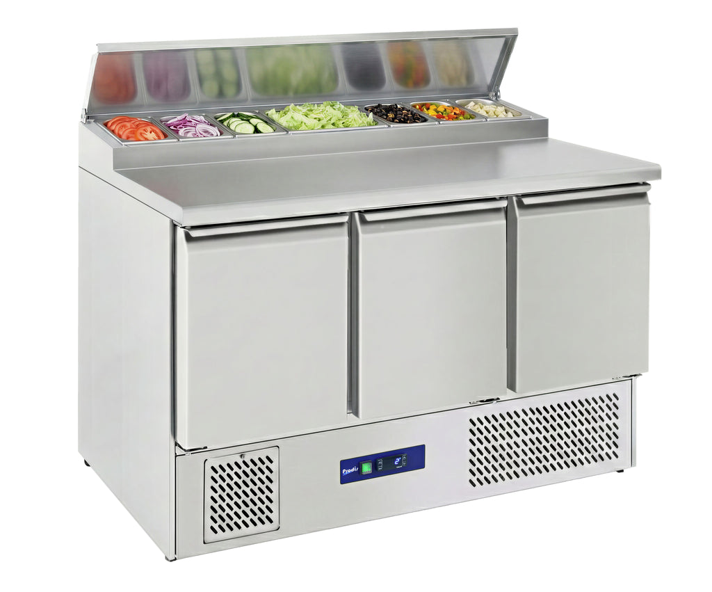 Prodis Fully Ventilated 3 Door Compact Prep Table 8 x 1/6GN Topping Well | EC-3PREP-LE Saladette Counters Prodis