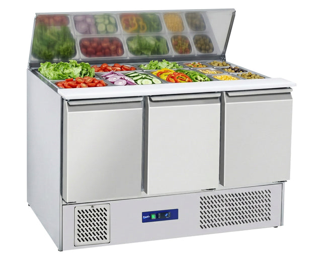 Prodis 3 Door Compact Saladette Table 4 x 1/1 GN Topping Well | EC-3SALAD-LE Pizza Prep Counters - 3 Door Prodis