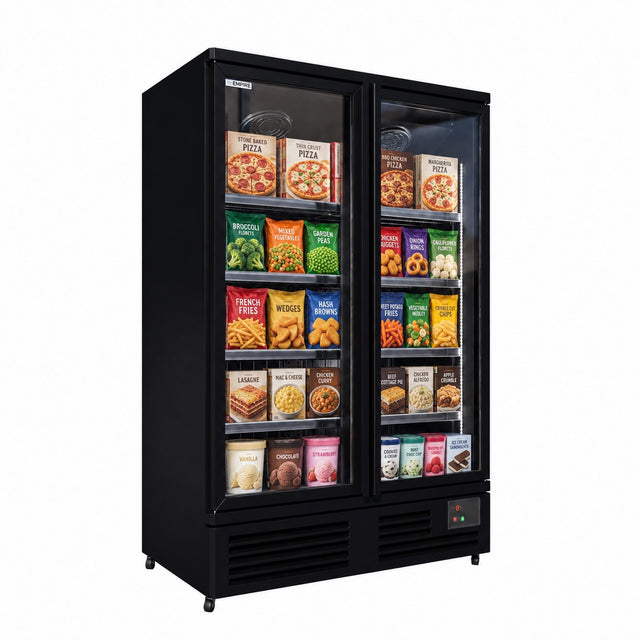 Empire Upright Display Freezer 1012L Double Glass Door Commercial Black Interior | EMP-1180FB Refrigeration Uprights - Double Door Empire Supplies