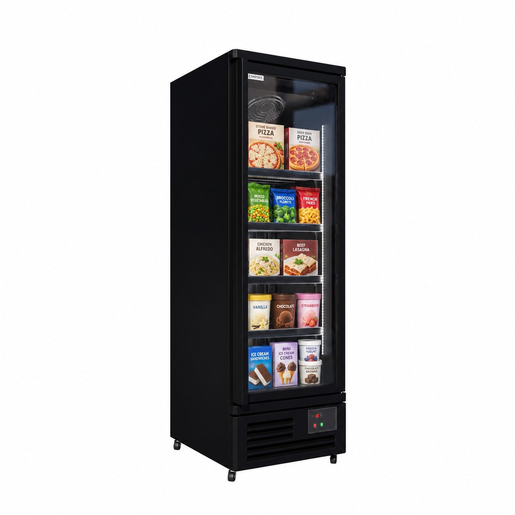 Empire Upright Display Freezer 459L Single Glass Door Commercial Black Interior | EMP-580FB Refrigeration Uprights - Single Door Empire Supplies